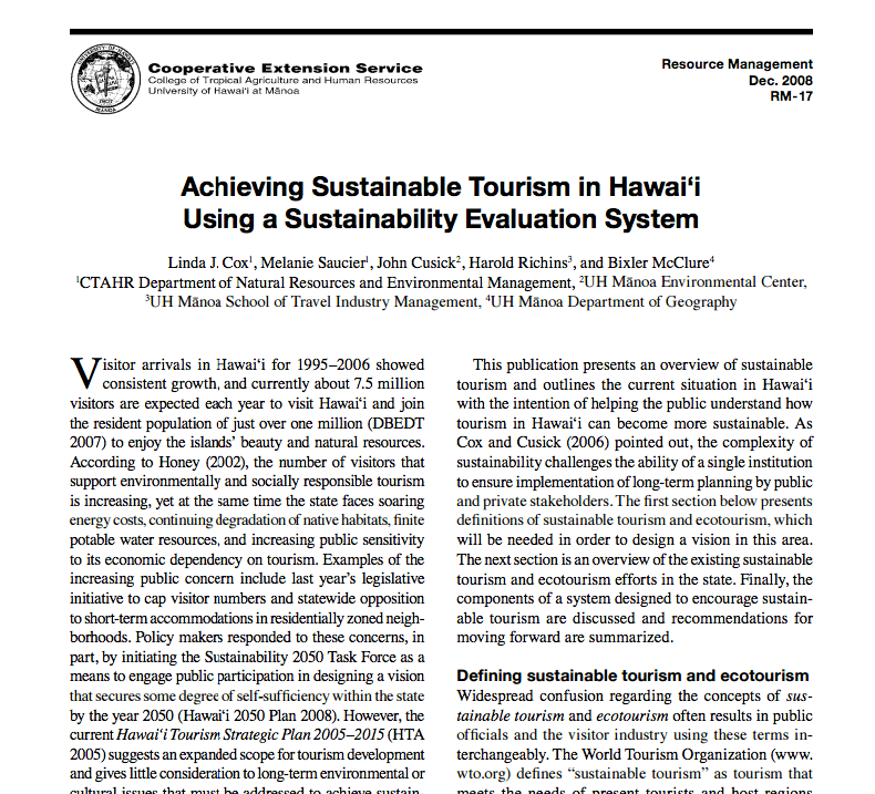 Achieving Sustainable Tourism in Hawaii using a Sustainability Evaluation System